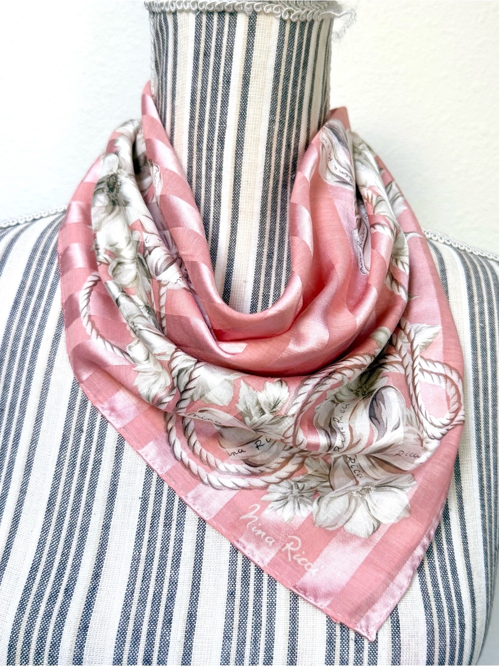 Vintage 80s Nina Ricci Pink Floral Bow Rope Square Scarf